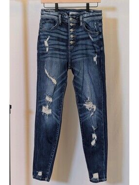 KanCan Kurvy Ultra High Rise Distressed Skinny Jeans Dark Wash Button Fly 28